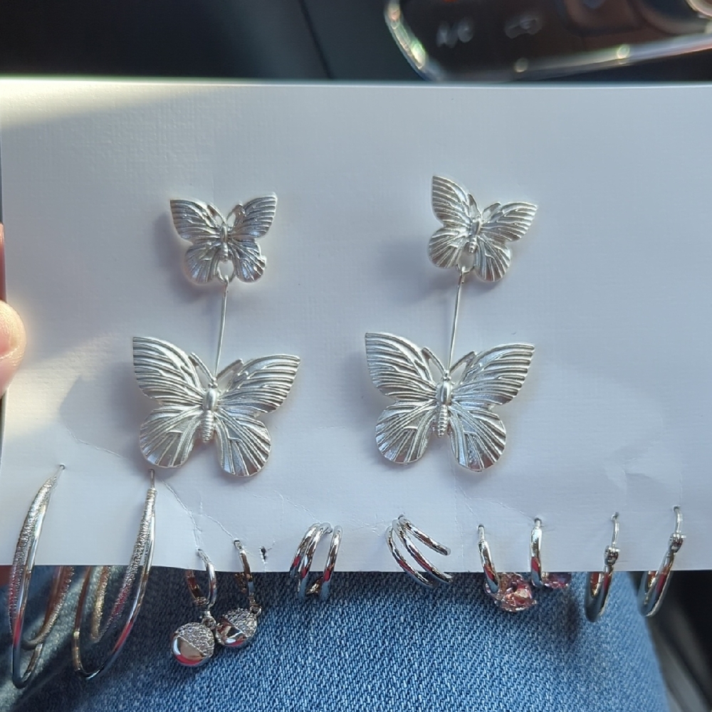 Silver Tone Butterfly Drop Earrings - Plus 5 Pair Of Earrings